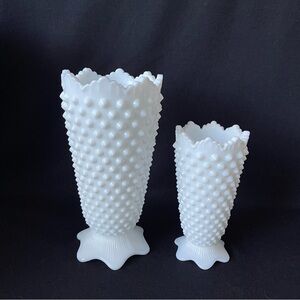 Small & Medium Crown Edge Vases - Fenton Hobnail Milk Glass - Vintage
